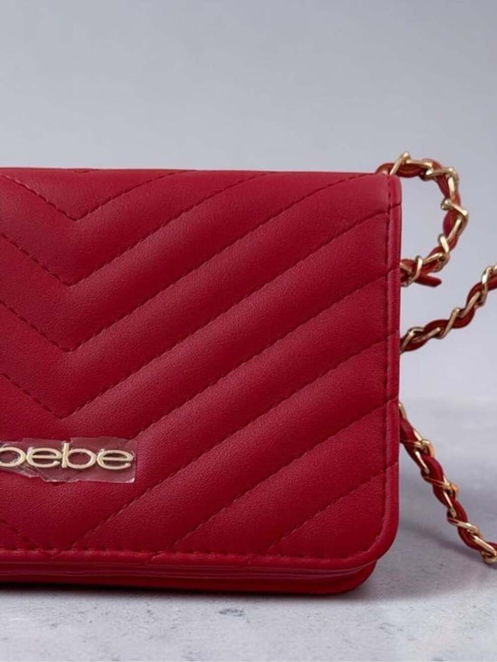 bebe Quilted Red Crossbody with Gold Chain